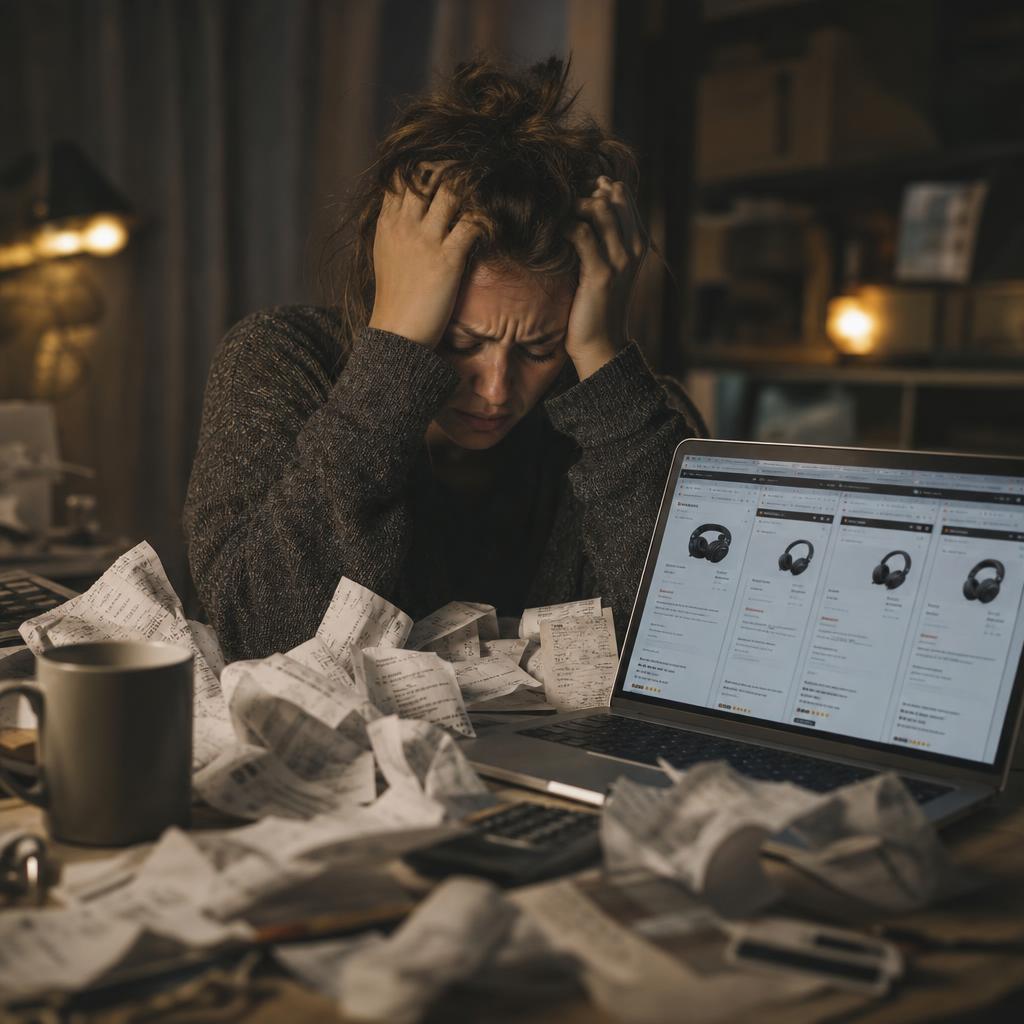 Overwhelmed shopper surrounded by receipts and browser tabs — the problem SourceSmart solves